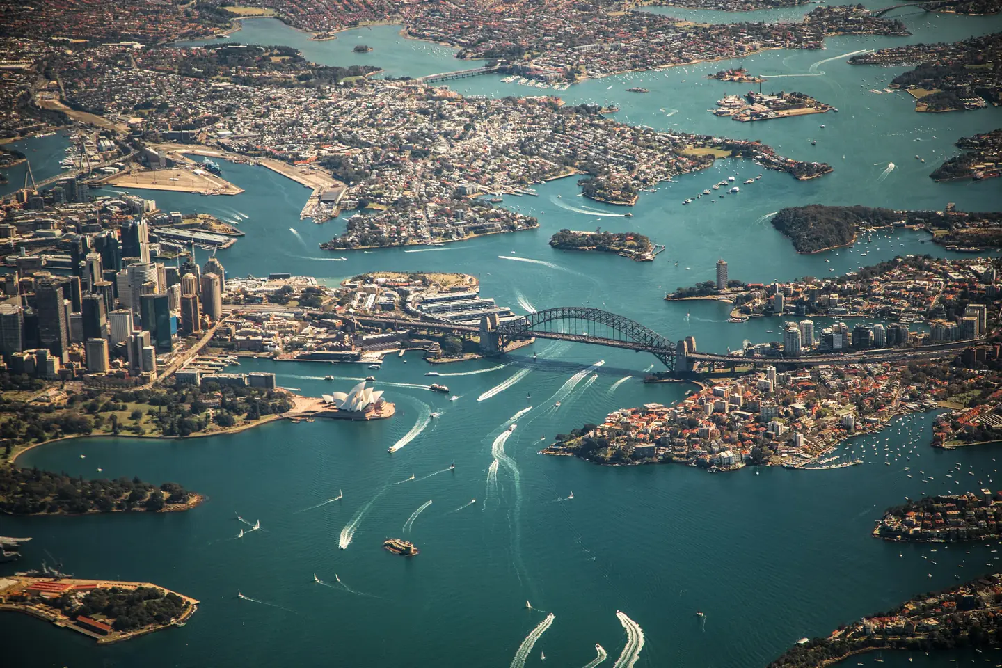 Aerial view of the Sydney Harbour Bridge and Opera House